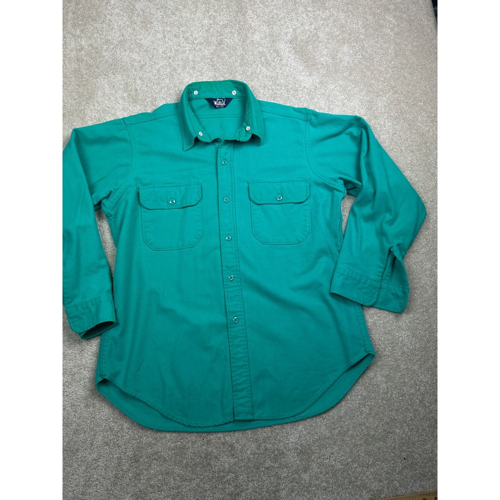 Woolrich Solid Chamois Shirt L Teal Green Made in USA Gorpcore‎ Workwear 90s VTG